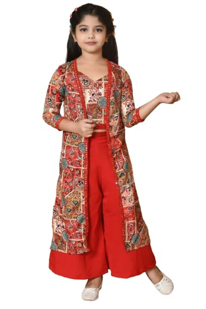 Girls Self Designed Premium Cotton Blend Top Pant Jacket | 3pcs Party Dress for Girls I V Neck Stylish Sleeve Design Dress for Birthday Girl