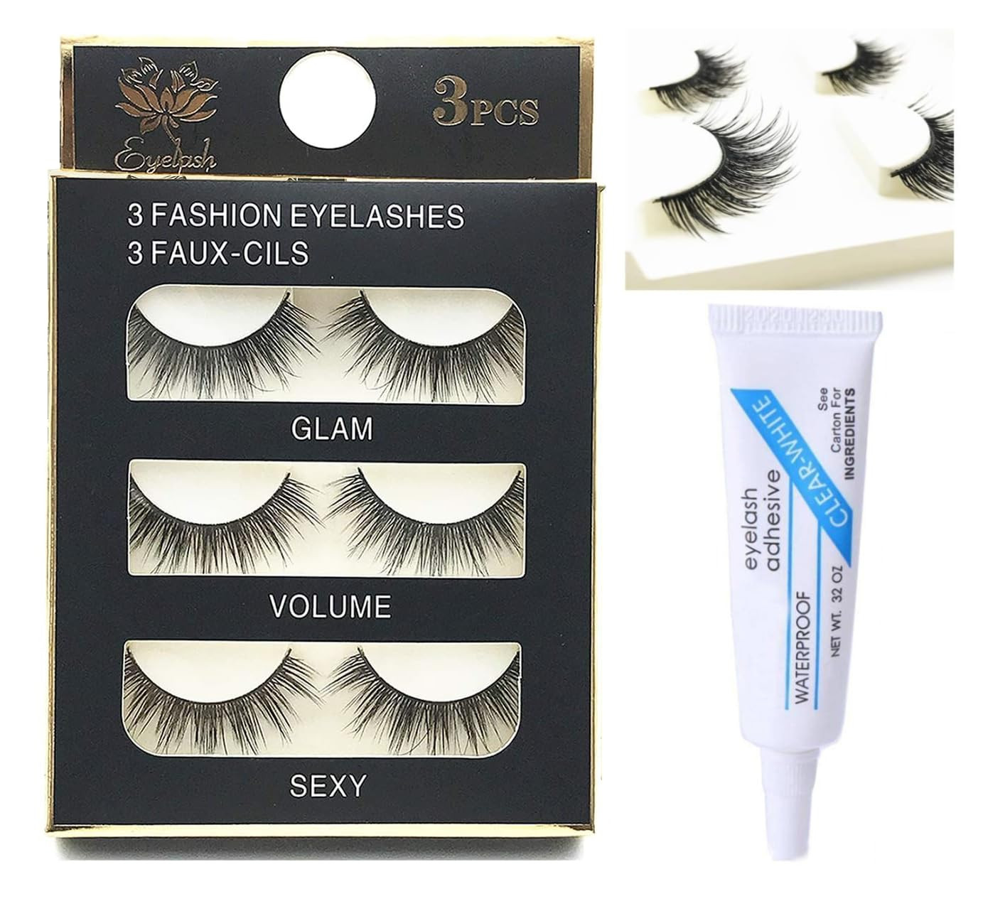 Eye Lashes for Women - Black Handmade Natural Thick Long Polyester, 3 Pairs False Eyelashes with Eyelash Glue - Empathetic Reusable Extensions for Womens, Girls - Eyelash with glue Set