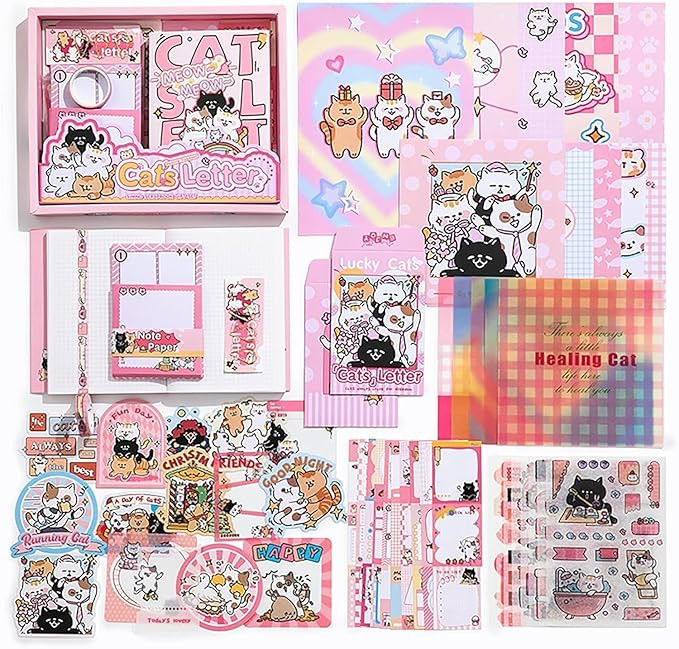 CURVE CREATION Scrap Book Kit Scrap Booking Kit Photo Album Scrapbook Journal Scrapbook Kit Vintage Journal Kit Aesthetic Scrape Art Kit Journal Set Paper Stickers, Craft Kits Notebook (Pink Cat's Latter)