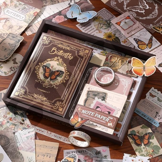 GDNK Paper Vintage Aesthetic Scrapebook Kit Butterfly Junk Journal Scrapbook Kit Vintage Scrapbooking Supplies Kit with Journaling Supplies A6 Grid Notebook Stationery Gift Craft Set (Brown Butterfly)