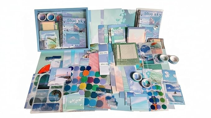 ATIRAMANIYA Scrapbook Kit 232 Pcs, Junk Journal Kit with Journaling Supplies, Scrapbook Paper, A6 Grid Notebook, Washi Stickers, Washi Tape, Scrapbook Kit Craft DIY Gift Set (Blue Sky Book)