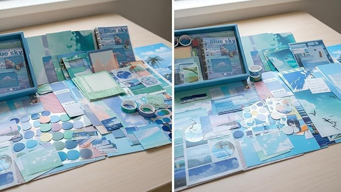 ATIRAMANIYA Scrapbook Kit 232 Pcs, Junk Journal Kit with Journaling Supplies, Scrapbook Paper, A6 Grid Notebook, Washi Stickers, Washi Tape, Scrapbook Kit Craft DIY Gift Set (Blue Sky Book)