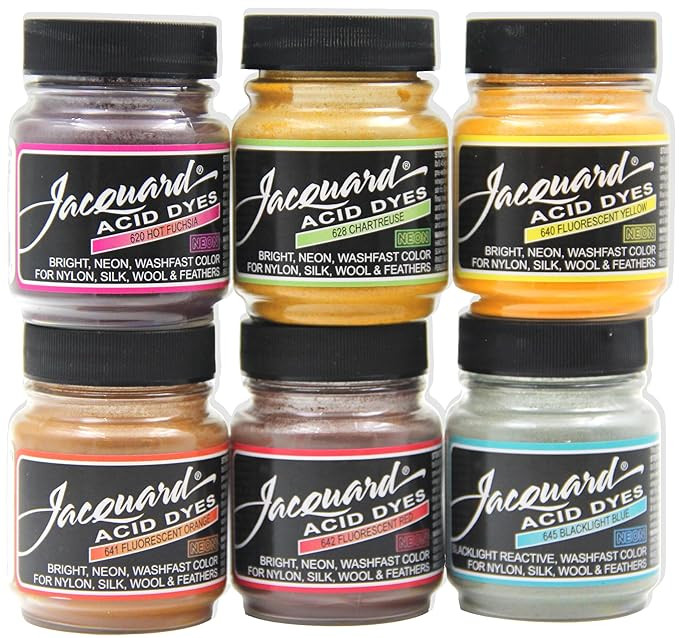 Jacquard Acid dye 6 colors neon set - 1/2 oz net wt each color - for wool silk feathers and nylons brilliant colorfast highly concentrated