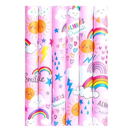 Sivayaa Kids Gift Wrapping Paper – 19.5x 29.5 In | Cute Pink Rainbow, Sun & Cloud Print Gift Wrap Sheets for Birthday, Party Gifts, Return Gift Packing, | Premium Wrapping Paper- Pack of 6 pcs