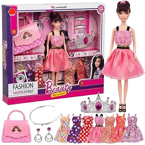 SHAKTISM Fashion Doll Wardrobe Set for Girls with Dresses, Crown, Handbag & Accessories | Princess Dress-Up Doll Toy Kit | Creative Role Play Toy Gift for Kids 3+