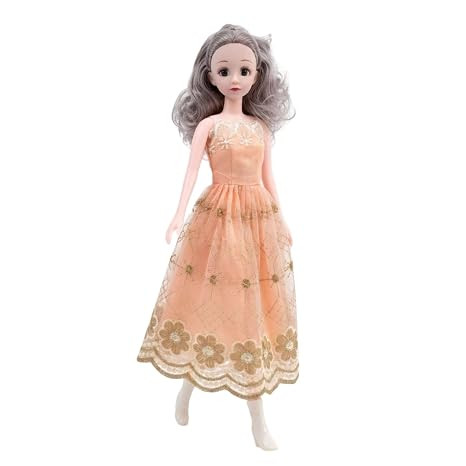 DZLING Pretty Girl Fashion Doll for Girls with Long Hair & Designer Dress, Elegant Lace Gown Doll Toy, Lightweight, Easy Grip, Imaginative Play Toy, Birthday Gift Toy for Kids 3+ Years (Peach Dress)