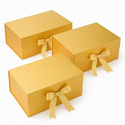 Awestuffs Premium Golden Gift Boxes for Gift Packaging, Reusable Decorative Gift Boxes (23 x 16 x 10 cm) for Hampers, Weddings, Birthdays, Festivals & Corporate Gifts (Pack of 3)