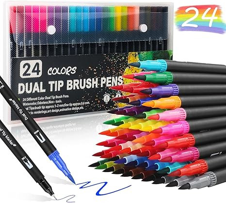 KLIFFOO 24 Colors Dual Tip Art Markers Sketch Pens with Carrying Case for Painting Sketching Calligraphy Drawing, Fine and Brush Tip Permanent Colouring Marker Pen for Kids Adult, Multicolor (24)
