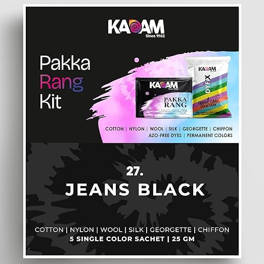 Kadam Pakka Rang Fabric Dye for Clothes Permanent | Shade No.27 Jeans Black Fabric Dye Colour for Clothes | Dye for Faded Jeans | Included 5 sachets of Colour & 5 sachets of DyFix Color Fixer