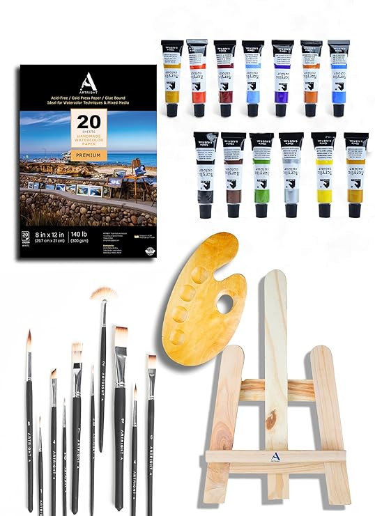 Professional Painting Kit 44 Pcs - Paint Set for Painting (Paint Brushes Set of 10-1 Feet Wooden Painting Easel - A4 Watercolor Papers - Painting Palette - Artists Color Set of 12