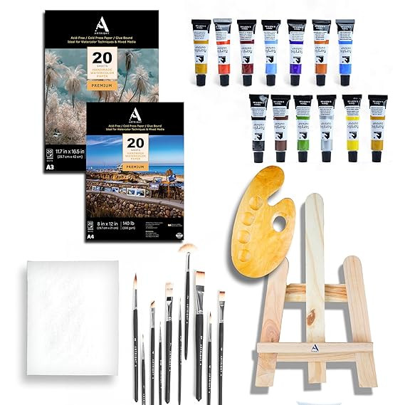 65 Pcs Professional Painting Kit - Art Kit for Painting (Paint Brushes Set of 10-1 Feet Easel Stand - Painting Palette - Set of 12 Artist Paints - 8x10 Canvas - 40 A3 & A4 Watercolor Papers)