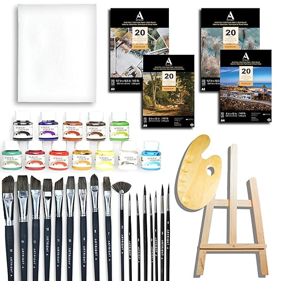 Professional Painting Kit 110pcs, Combo (2 Feet Easel + Mix Paintbrush Set of 15 + Wooden Palette + 12x16 Canvas + 12x25 Paint Set + 80 A3 & A4 Mixed Media Papers & Watercolor Papers)