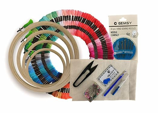 Gemsy Ultimate Embroidery Kit for Beginners – 50 Colourful Threads, 4 Bamboo Hoops, 2 Aida Cloths & Essential Tools and Materials (Thread Cutter, Seam Ripper, Needle Threader, Needle Compact, Heat Erasable Pen, Sewing Pins) – Complete DIY Kit Craft Suppli
