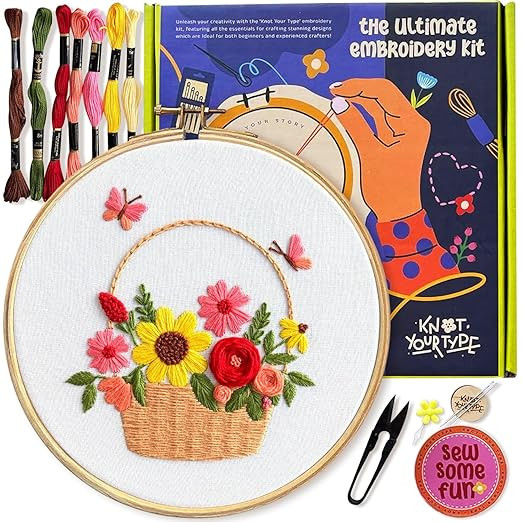 KNOT YOUR TYPE Flower Basket DIY Embroidery Kit for Beginners | Hand Embroidery with All Stitching Materials | Perfect Art & Craft Gift Set, Stitching Kit for Adults