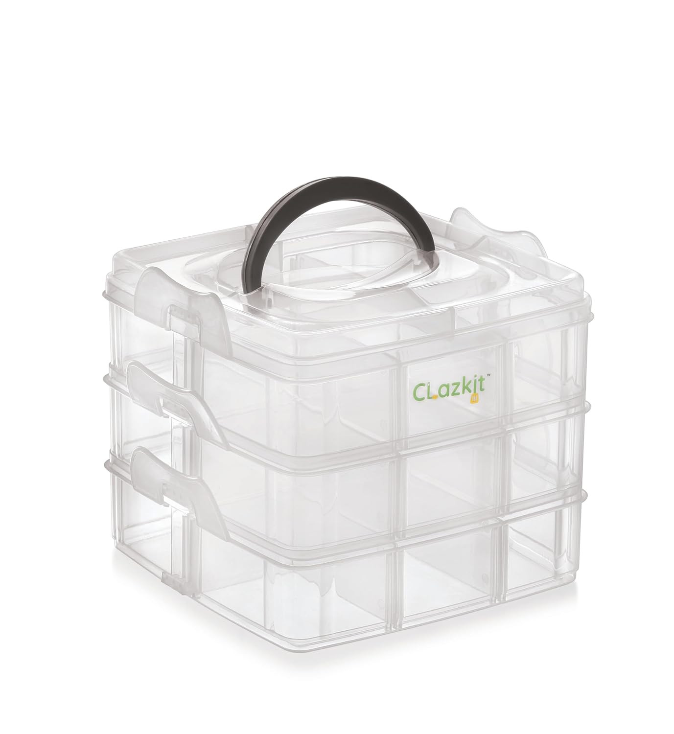 Clazkit Jewellery Organisers Plastic 3 layer 18 Grid Square Portable Transparent Storage Detachable Box Organizer Case for jewelry sewing button earrings Hair (Transparent), 14.5x14.5 cm