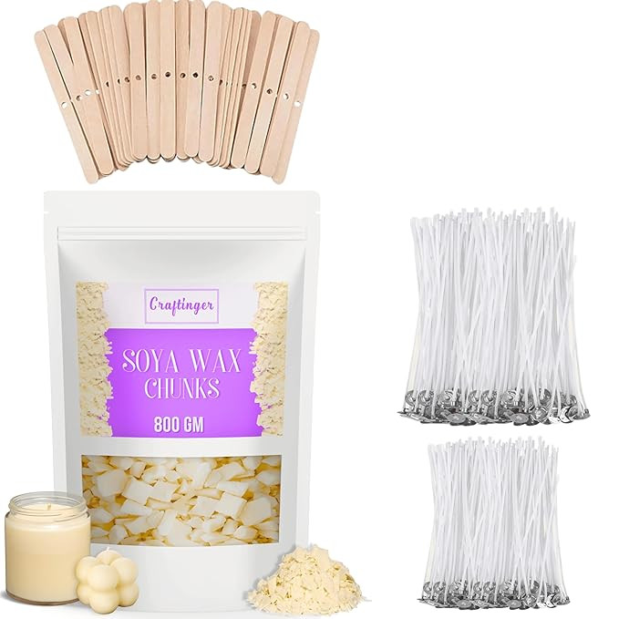 Craftinger Candle Making Kit | 800gm SOYA Wax Flakes | 60 Wicks (4" & 3") | 25 Wick Holder Sticks | 8 jar Stickers | DIY Material Beginner Kit for Adults