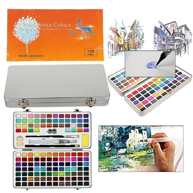 Portable Solid Water Color Paint Set 128 Colors Sketch Watercolor Palette Kit & Storage Case, Assorted