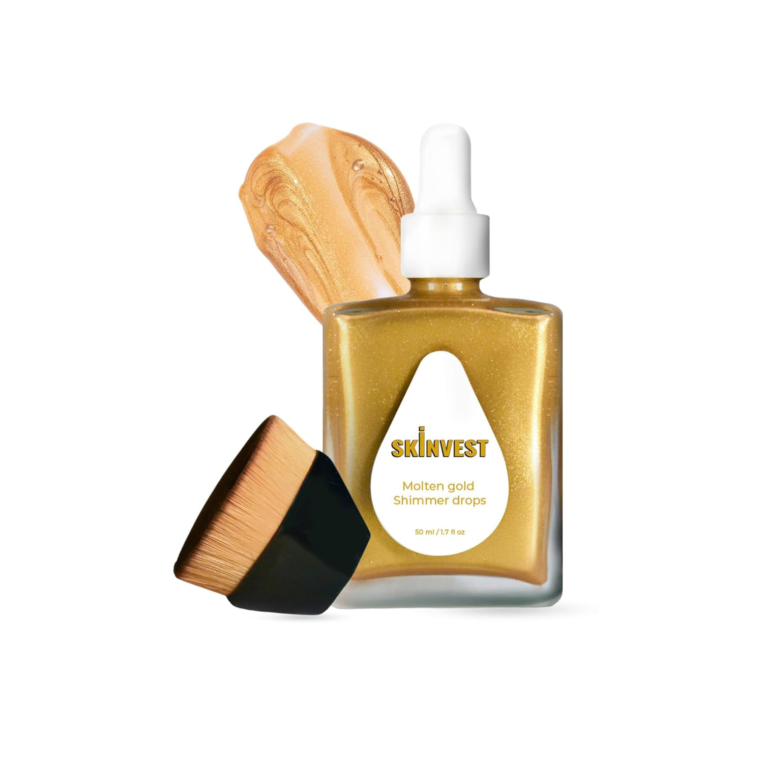 Skinvest Molten Gold Shimmer Body Oil Drops | Micro-Fine Champagne Glow, Transfer-Proof & Non-Greasy | Deep Hydration with 10 Botanical Oils | Includes Luxe Buff Body Brush | 50ml