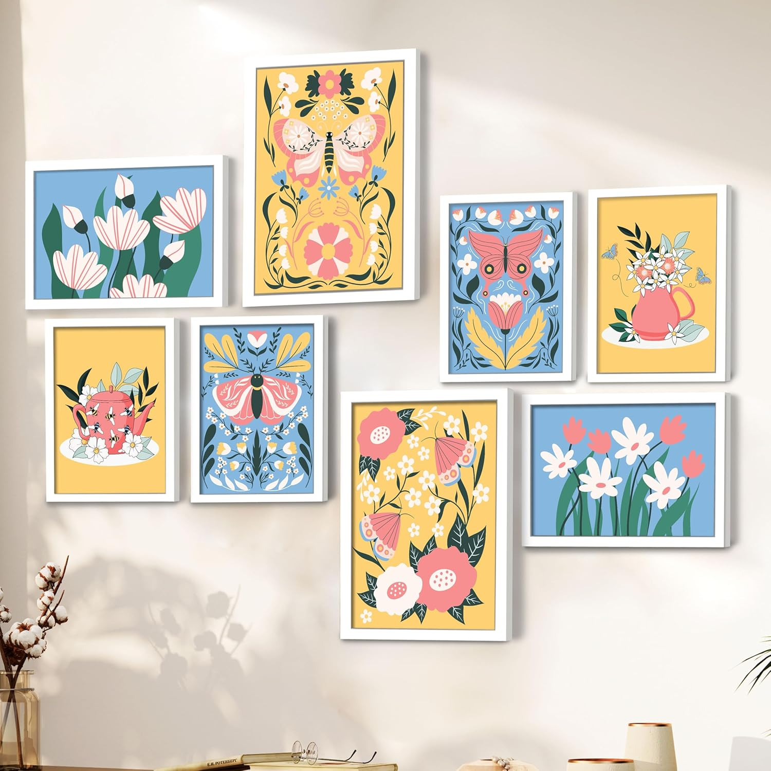PAINTINGMANTRA Set of 8 Indian Wall Framed Painting Butterfly with Flower Framed Vintage Poster For Home, Living room, Bathroom & Hotel Decor (Size: 9.3x12.7 & 12.7x17.5 Inch)