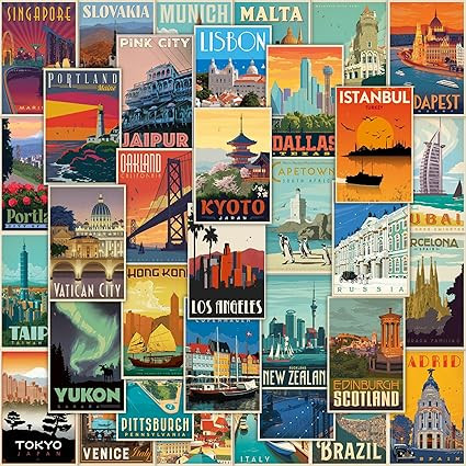 CodersParadise Travel City Wall Collage Kit – Pack of 54 Aesthetic 4x6 Inch Vintage City Posters for Bedroom, Dorm, Study & Living Room Décor | Trendy Cityscape Wall Art Prints with Glue Dots Included