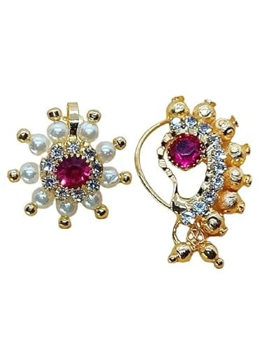 Traditional Maharashtrian Nose Ring for Women Without Piercing Pearl Gold Plated Nath Clip On Nose Ring for Women Combo Of 2