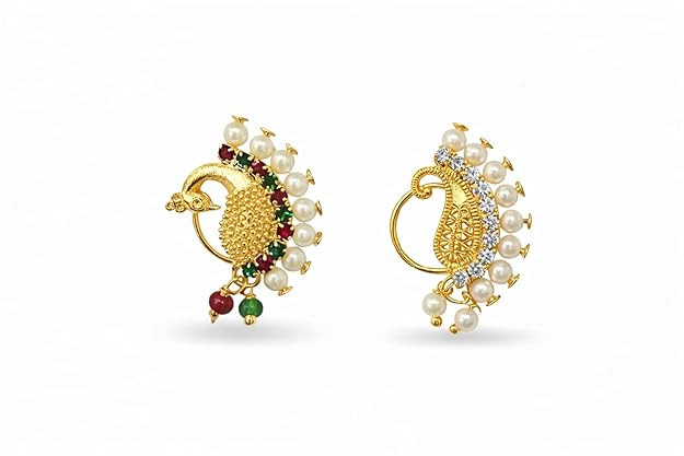 Gold Plated Maharashtrian Nath Non Piercing Nose Pin with Pearl, Alloy, Artificial Stone CZ, Valentine Gift for Her