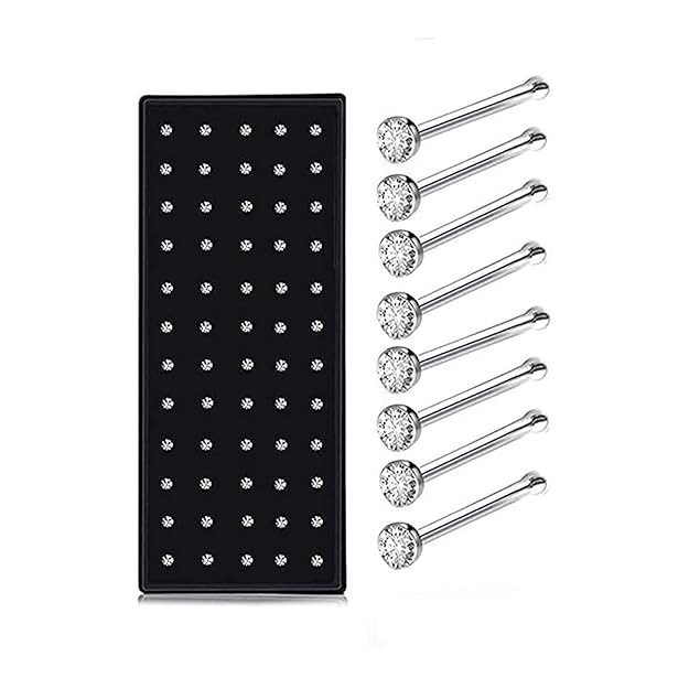 VAMA FASHIONS 60 PCS White Crystal Stone Nose Pins Surgical Steel Nosepin Multiple Piercing Nose Pin Stud Round Nosering Set For Women & Girls