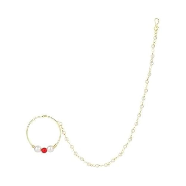 ACCESSHER Gold Plated Traditional and Ethnic Ruby Kundan Embellished Delicate Clip On/Non-Piercing Nose Ring/Nathani with Pearl Chain for Women Pack of 1