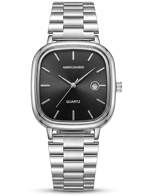 AMERICANVIBER Men's Silver, Watch with Stainless Steel Band | Water-Resistant Analog Dress & Casual Wristwatch