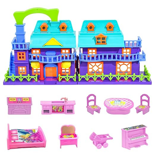 WISHKEY Plastic Doll House for Kids, Role Play Set Dolls House for Girls, Doll House Set with Accessories, Toy House for Girls, Made in India, Purple 3+ Years, (Pack of 1)