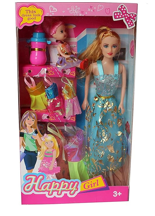 BKDT Marketing Beautiful Doll Toy for Girls with Moveable Arms Set of One Big Doll,& Small ,3 Small Dresses, 3 Big Dresses, Milk Bottle (Doll with Accessories & Dresses)