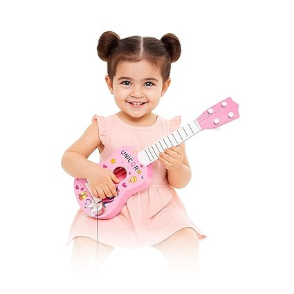 WISHKEY Unicorn Theme Guitar 4 Strings Acoustic Music Toys for Kids, Educational Toy Guitar for Beginners, Musical Instrument, Learning Musical Toy, Sound Toys, Pink, 6+Years, 17" (Pack of 1)
