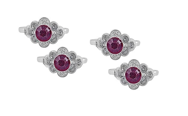 Silver Tone Floral Toe Ring Set with Red Crystal, 2 Pairs, Adjustable Size