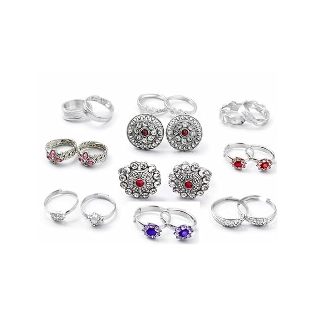 Shimankana 10 Pairs Set of Beautiful Stainless Steel and Oxidize Designer Toe Rings for Woman's/Girls