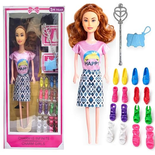 SHAKTISM Doll Set for Girls with Makeup, Dress, Accessories, Wardrobe Closet, Hangers, Necklace, Multicolor, 3 Years and Up (Charm Girls Doll)