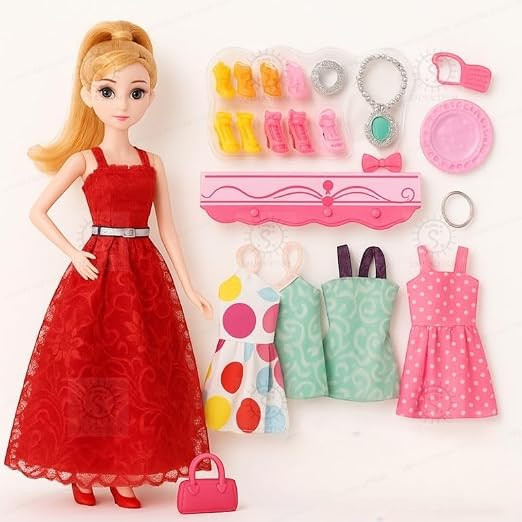 SHAKTISM Fashion Doll Set for Girls with 3 Dresses, Shoes, Handbag & Accessories | Princess Dress-Up Doll Toy Kit | Role Play Fashion Beauty Doll for Kids Age 3+ Years (Random Colour Dispatch)