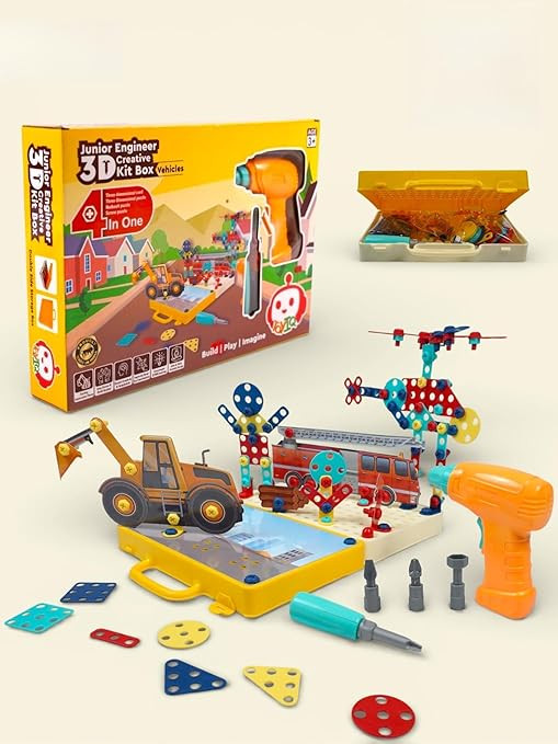 Junior Engineer 3D Creative Animals Kit – 4 in 1 DIY Building Toy with Electric Drill, Screw Puzzle Board Game for Kids Boys & Girls Age 3+ | STEM Learning Construction Set (Construction)