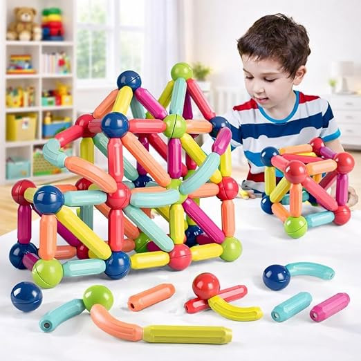 Magnetic Building Blocks Sticks and Balls Set, Construction STEM Building Toys for Kids 2–5 Years, Educational Blocks & Magnet Toys (128 Pcs)