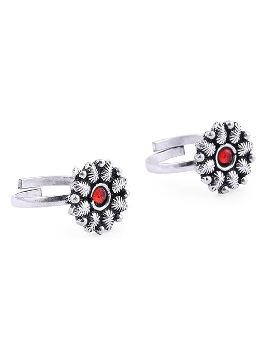 Toe Rings, Bichua, Adjustable Bichiya for Womens (Red Kundan, German-Silver), Metal, Kundan