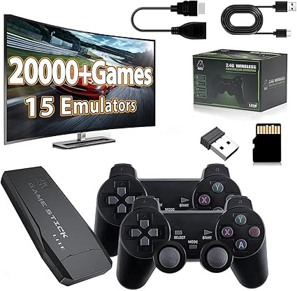 Retro Game Stick Pro 2025 Upgrade – 20,000+Built Games | 4K HDMI TV Output | 64GB Memory Card | 2 Wireless Gamepads | 15 Emulators | Plug & Play