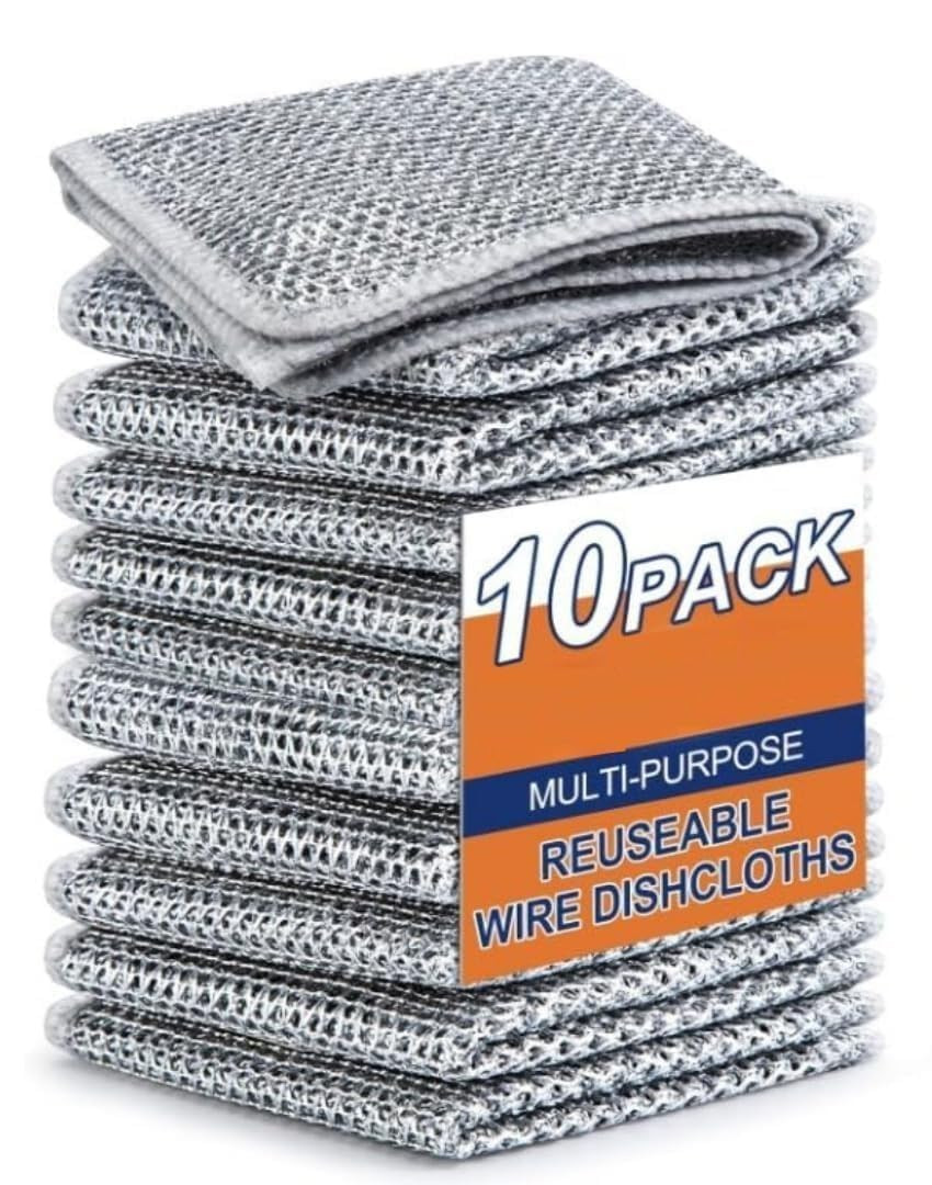 Pack of 10 Non Scratch Dish Wash Steel Scrub for Kitchen - Metal Dish Cloth Scrubber, Stainless Steel Cleaning Pads, Rust-Resistant and Long-Lasting (10)