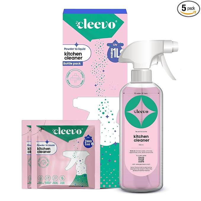 Cleevo Kitchen Cleaner Spray 1L Bottle Pack (2 Sachets makes 1 Litre)|Powder to Liquid | | Non-Toxic Degreaser for Gas Stove, Chimney & Countertop | Surface Cleaner (Lilly)