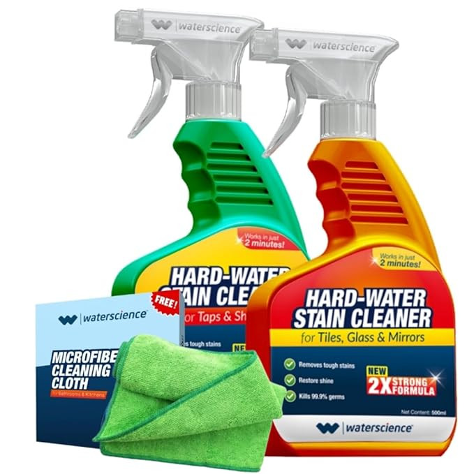 WaterScience Quick Hard Water Stain Remover Spray Combo Pack(1L)+ Free Microfiber Cloth | Limescale Remover for Bathroom & Kitchen Shower, Taps Cleaner | All Purpose Descaler for Glass Mirrors & Tiles