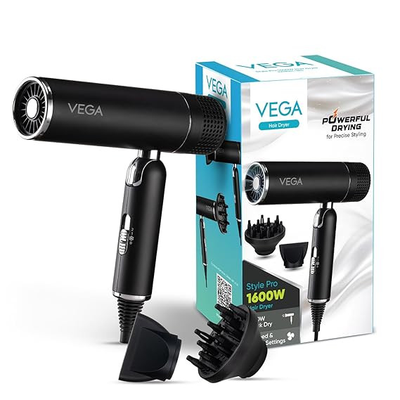 VEGA Style Pro 1600W Foldable Hair Dryer with 2X Faster Drying, 3 Heat and 2 Speed Settings, 16 Amp Plug Concentrator Nozzle & Diffuser, Hair Dryer for Men and Women, 2 Year Warranty (VHDH-34)