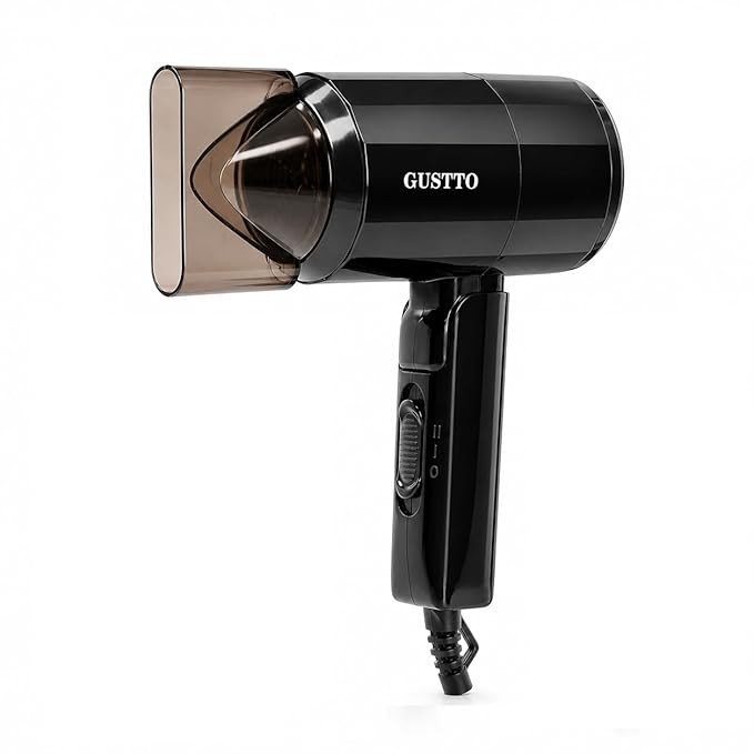 GUSTTO Foldable Hair Dryer for Men and Women, 1100W Compact Travel Hair Dryer, 2 Heat & Speed Settings, Hanging Ring, BIS Certified, Hexagonal Black