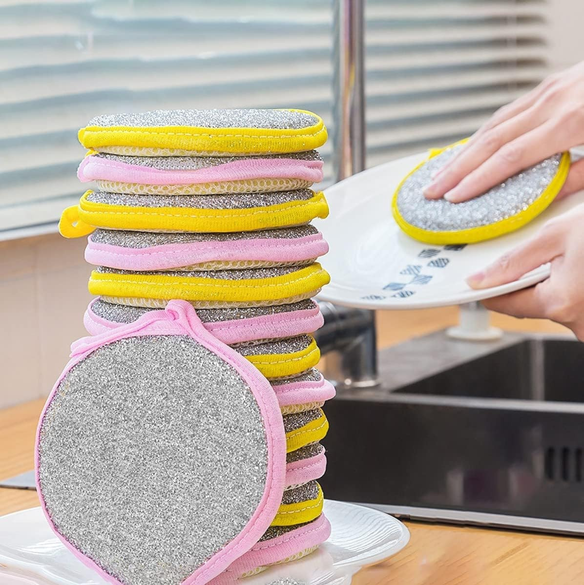 2-in-1 Dishwashing Scrub Pad – Double-Sided Wire Sponge & Soft Dish Cloth | Multipurpose Stainless Steel Scrubber for Utensils, Cookware, Pots & Pans Cleaning - Multicolor (5)