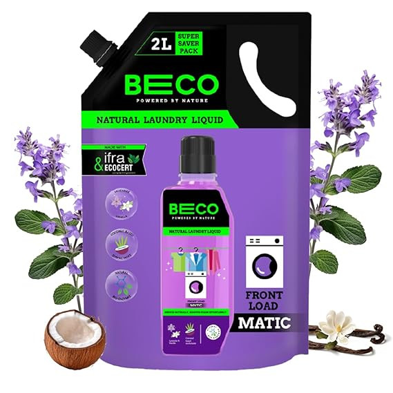 Beco Natural Liquid Detergent Front Load - 2L Refill Pack | Tough Stain Removal | Lavender & Vanilla Freshness | Retains Brightness & Shine | Chemical Free | Front Load Washing Machine Liquid