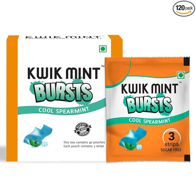 Kwik Mint Bursts Sugar Free Mouth Freshener Oral Care Strips, for Fresh Breath|Refreshes Your Throat, Clear Nostrils, & Fights Bad Breath - 120 Strips, Spearmint Flavour (Pack of 1), 0.15 Grams