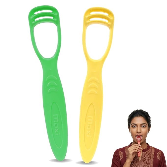 MAXI Plastic Handle Tongue Cleaner Scraper | Fights Bad Breath, Removes Bacteria | Gentle Flexible Handle for Adults & Kids | Easy Daily Oral Hygiene Tool, Multicolor, Pack of 2