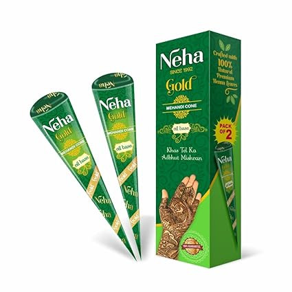 Neha GOLD Mehandi Cone Pure Henna Paste with Essential Oils for Application on hand, feet & body for temporary tatoo – 25g each (Pack of 2) – Net weight 50g